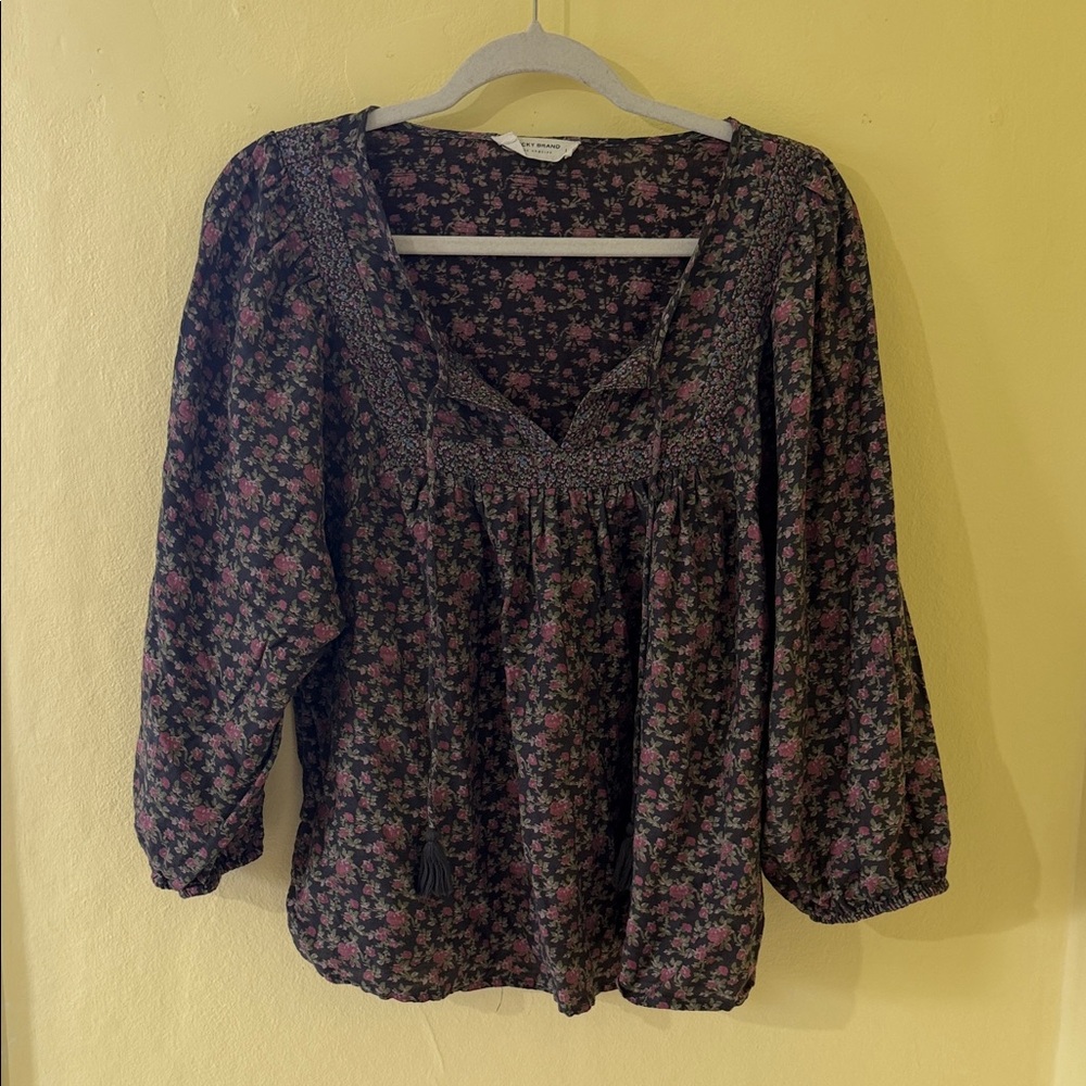 Lucky Brand Dark Purple Floral Peasant Blouse